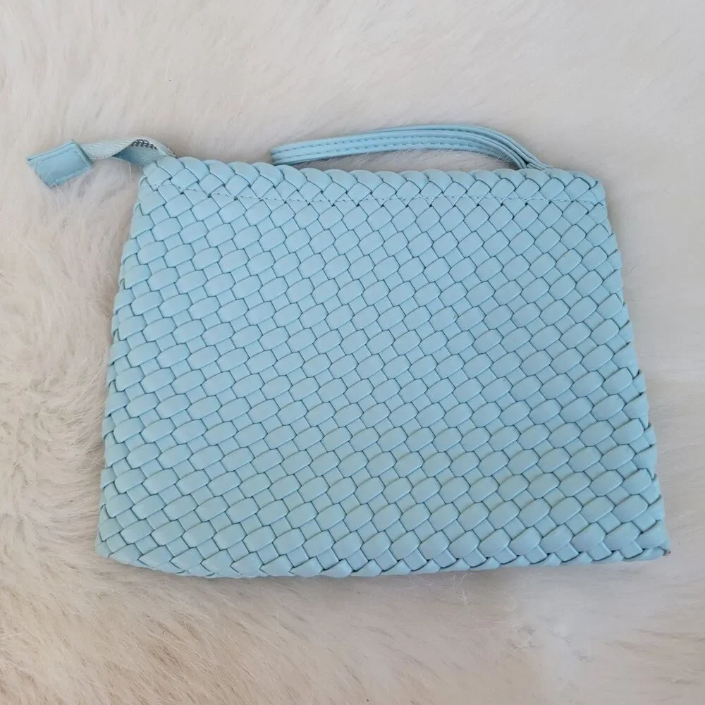 Rachel Zoe Pale Blue Woven Neoprene Wristlet Clutch.